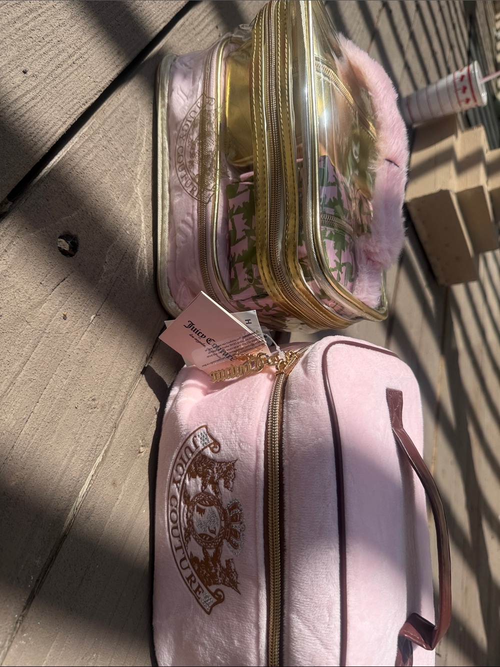Juicy Couture Light Pink Velvet Cosmetic Bag Trio with Gold Accents Bundle